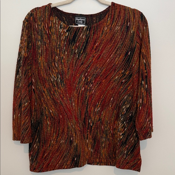 Southern Lady Tops - Southern Lady Red,orange and Black Swirl Blouse Size L